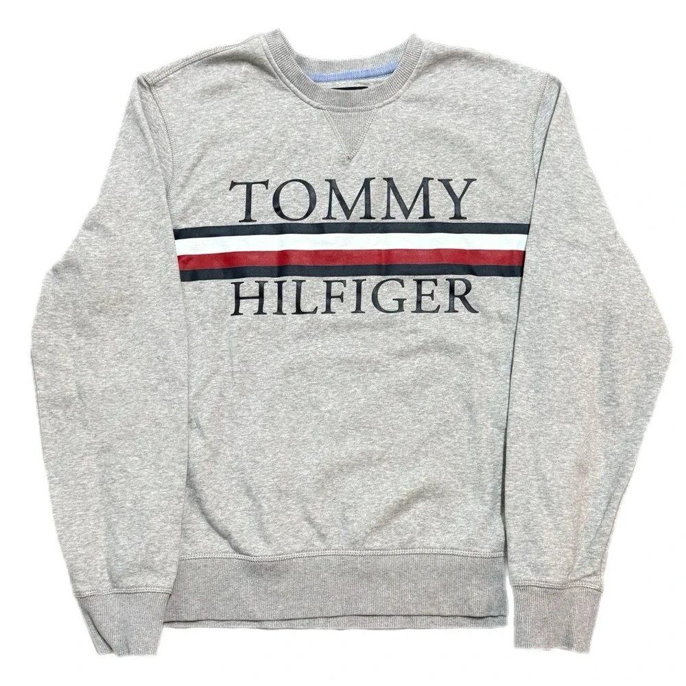 Men's Tommy Hilfiger Spellout Preppy Gray‎ Cotton Pullover Sweatshirt Size Large